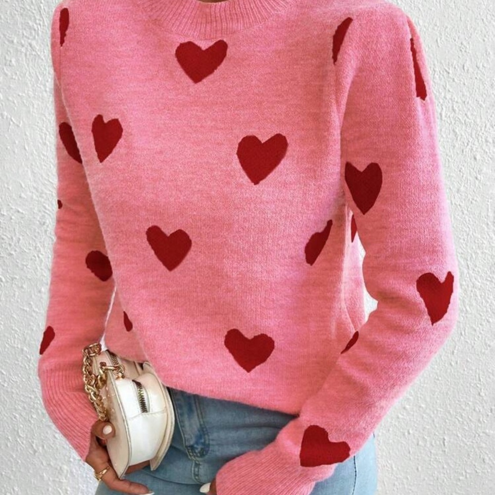 SHEIN Pink and Red Heart Crew Neck Sweater